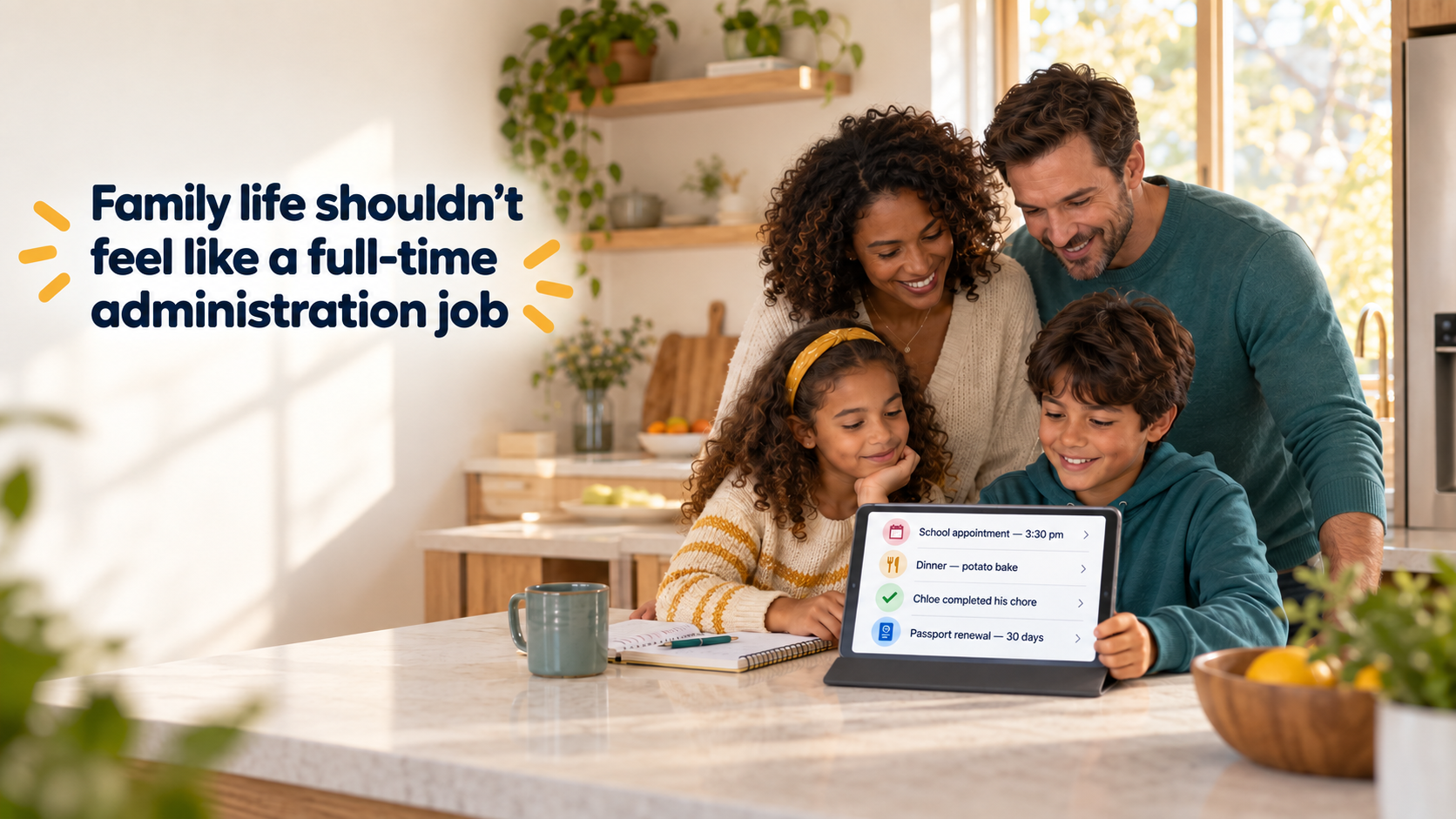 A diverse family planning their week together around a tablet in a bright kitchen